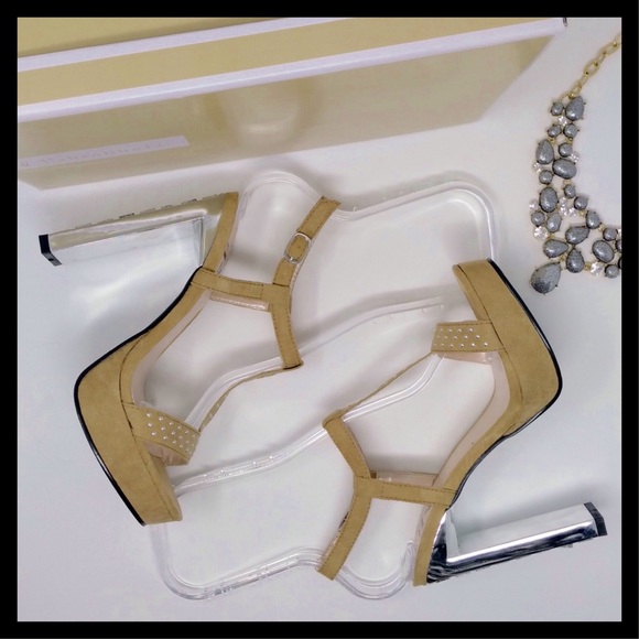 Camel Studded T Strap Platform Heels Vegan Suede - Picture 5 of 6